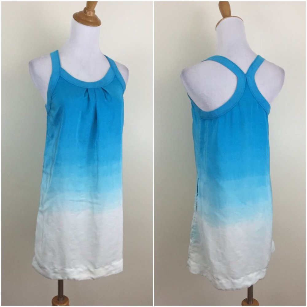 LUCKY BRAND 100% Silk Ombre Blue Ribbed Trim Criss Cross Back Midi Dress